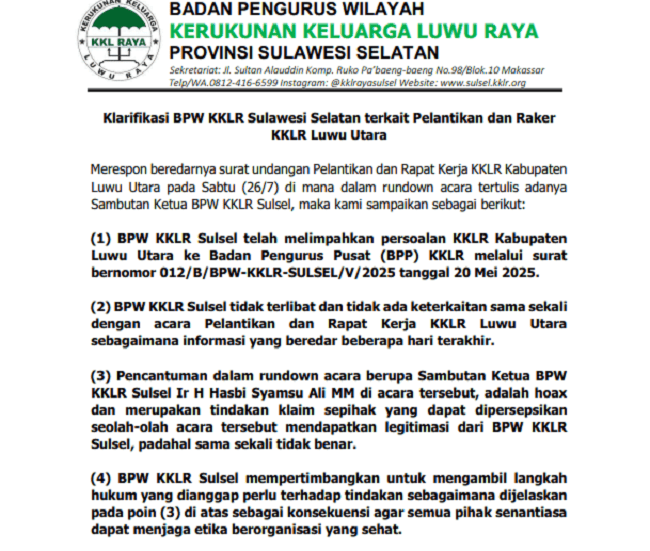 BPW KKLR Sulsel Klarifikasi Soal Pelantikan dan Raker BPD KKLR Luwu Utara